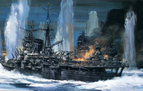 Oil, picture, canvas, ship of the line, sea battle, WW2, heavy cruiser, Yamashiro