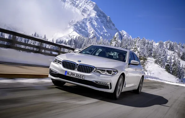 White, mountains, BMW, the fence, sedan, hybrid, 5, four-door