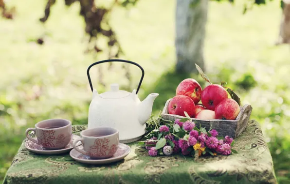 Picture tea, apples, kettle