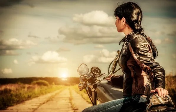 Road, girl, sunset, motorcycle