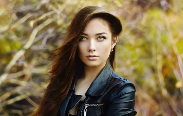 Eyes, look, girl, spring, jacket, Sasha, bokeh, kozhanka