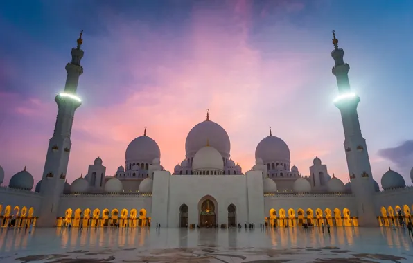 The sky, light, area, mosque, Grand mosque, Abu Dhabi, Abu Dhabi, the minaret