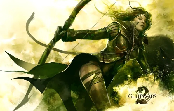 Picture girl, Panther, warrior, bow, Guild Wars 2, Archer, string, Ranger