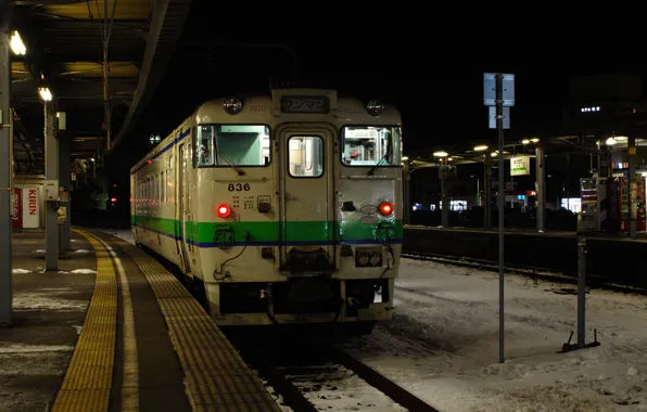 The evening, Night, Japan, Station, Train, Railroad, Stop, The platform