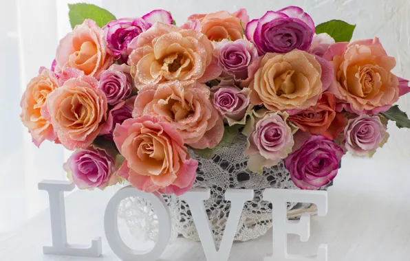 Love, flowers, roses, bouquet, colorful, love, pink, pink