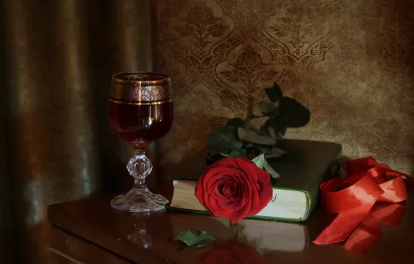 Picture wine, glass, rose, tape, book, still life, red