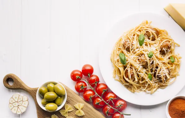 Cheese, tomatoes, olives, tomatoes, spices, pasta, paprika, meatballs