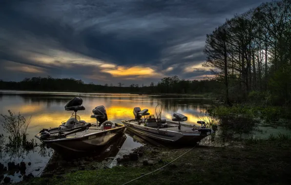 Sunset, lake, boats