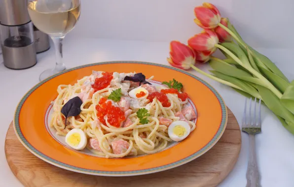 Eggs, caviar, pasta