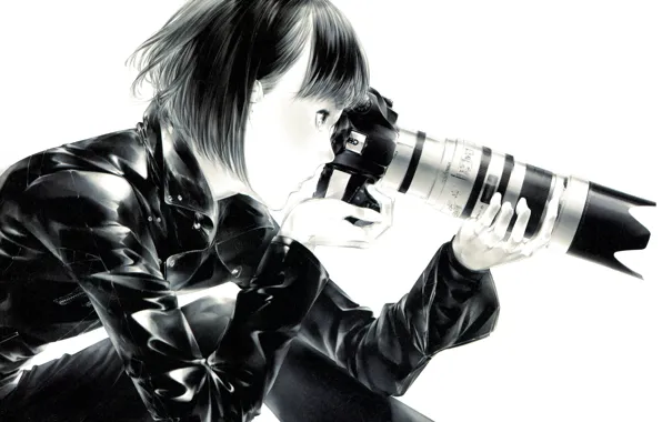 Haircut, black and white, hands, the camera, latex, lens, leather jacket, in profile