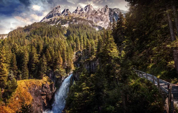 Forest, mountains, waterfall, trail, Switzerland, Switzerland, Shadow half, Rosenlaui Glacier Canyon