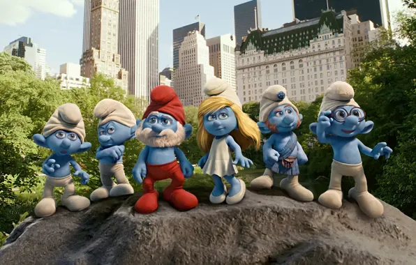 The city, men, New York, blue, cartoons, Smurfs, gnomes, The Smurfs