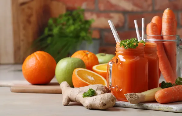 Apples, oranges, juice, mug, Bank, carrots, parsley, fresh