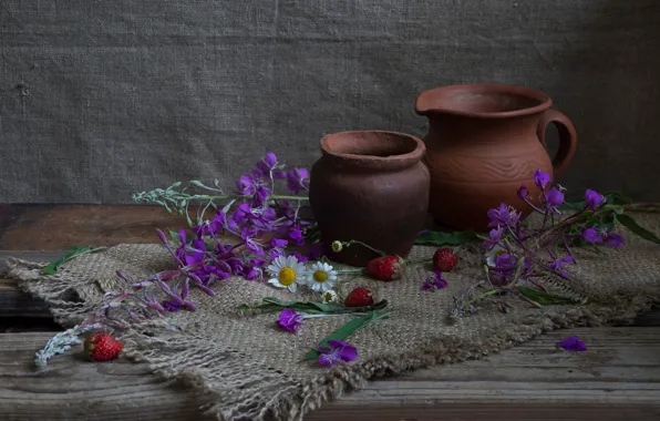 Flowers, berries, Board, chamomile, strawberry, still life, pots, burlap