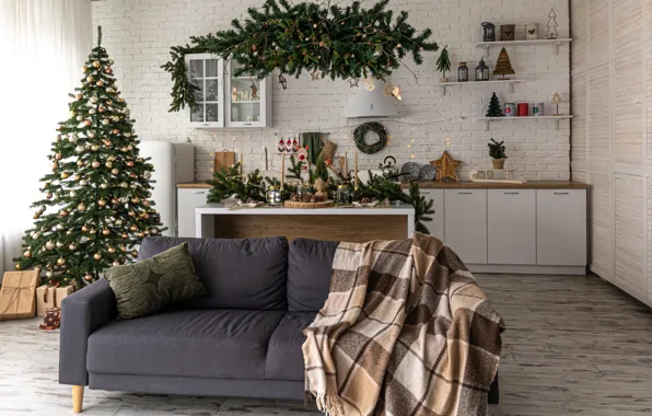 Decoration, sofa, balls, tree, interior, Christmas, New year, christmas