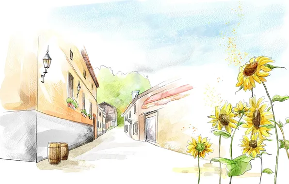 Sunflowers, flowers, street, figure, home, watercolor, lanterns, barrels
