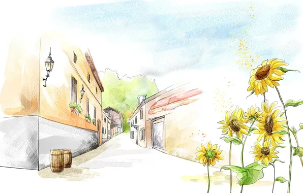 Picture sunflowers, flowers, street, figure, home, watercolor, lanterns, barrels