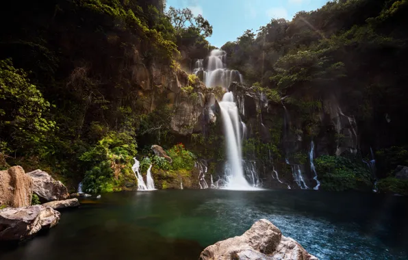 Picture summer, the sky, water, trees, nature, stones, France, waterfall