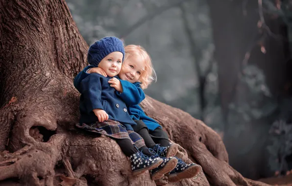 Nature, children, tree, girls, hugs, sister, baby