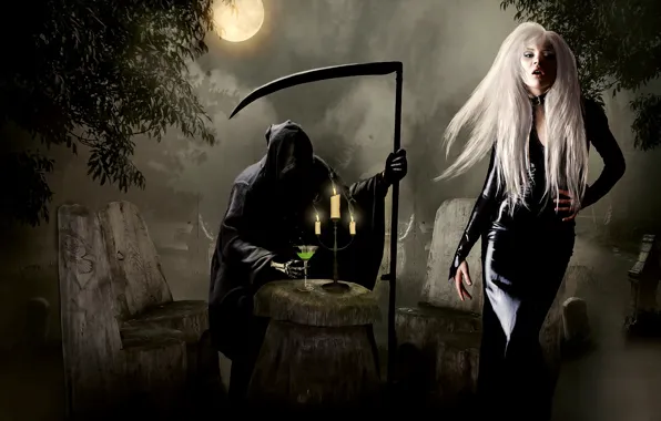 Picture girl, death, glass, photoshop, braid, death scythe, photoart
