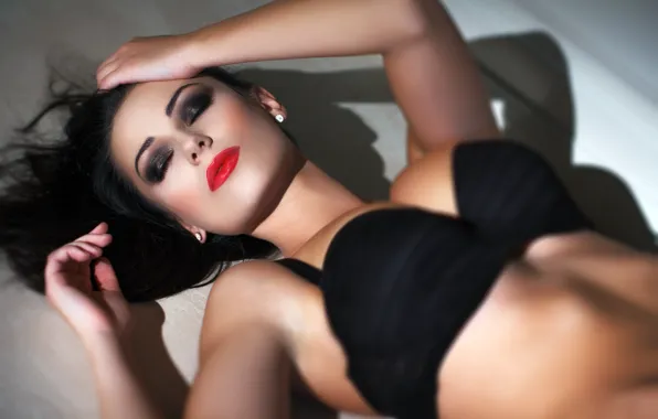 Girl, eyelashes, hair, linen, earrings, hands, makeup, lipstick