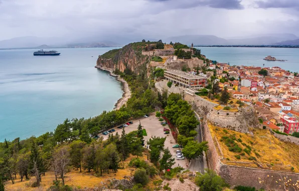 Sea, clouds, trees, rocks, coast, ship, home, Greece