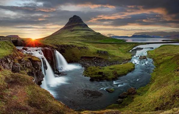 The sun, clouds, sunset, rocks, shore, mountain, waterfall, the volcano