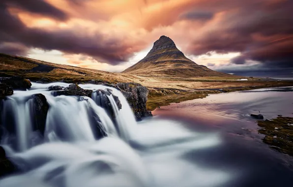 Clouds, mountain, waterfall, Iceland, Kirkjufell