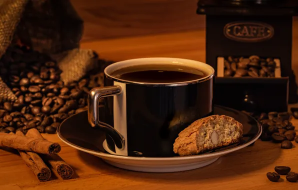 Coffee, cookies, mug, drink, coffee beans, saucer, coffee grinder