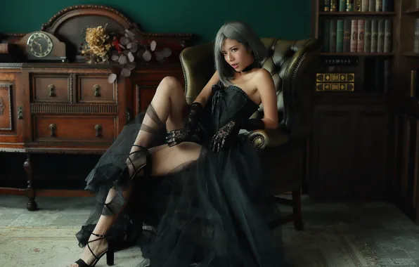 Face, style, room, chair, figure, dress, legs, beauty