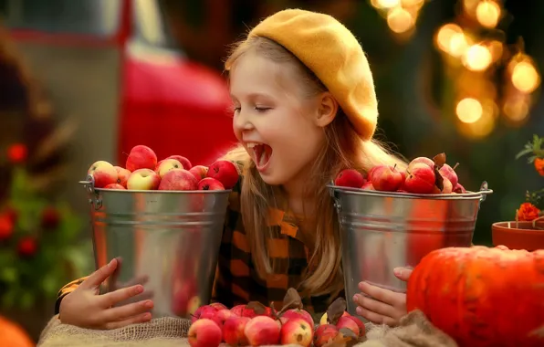 Picture joy, mood, apples, laughter, harvest, girl, red, redhead