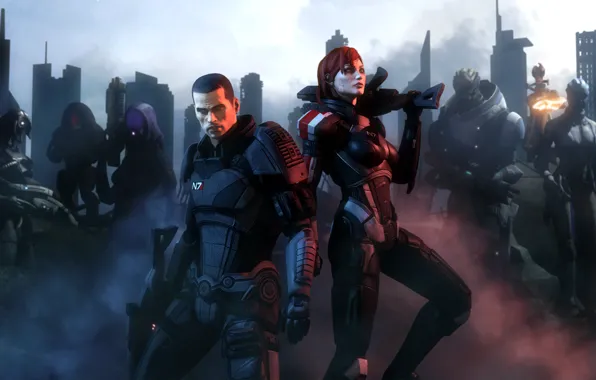 Picture the city, destruction, red, armor, ruins, mass effect, shepard, geth