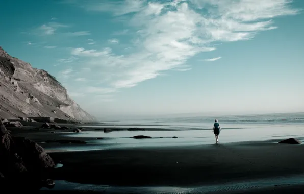 GIRL, STONES, SEA, MOUNTAINS, HORIZON, The OCEAN, The SKY, SAND