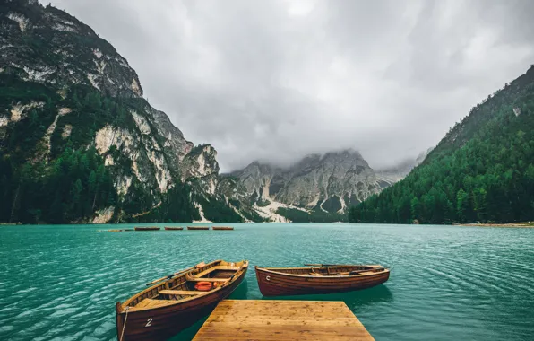 The sky, landscape, mountains, boats, pierce, pond