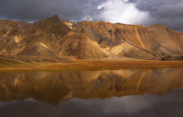 Clouds, Iceland, pond, the reflection in the water, beautiful landscape, Patrick, Orange mountains, Orange Mountains