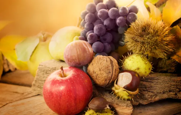 Picture autumn, leaves, Apple, harvest, grapes, fruit, nuts, chestnuts