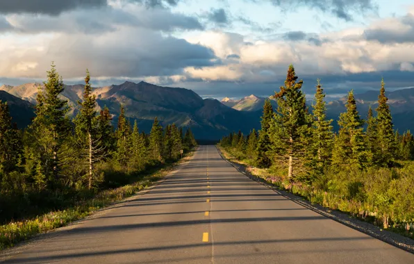 Road, trees, mountains, Alaska