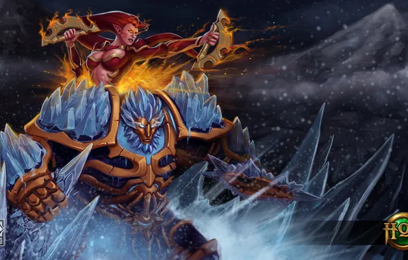 Picture ice, girl, fire, warrior, red, armor, Solstice, Heroes of Newerth