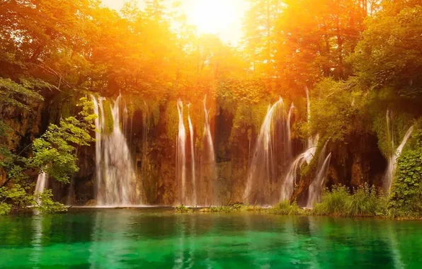 Picture forest, the sun, light, Waterfall