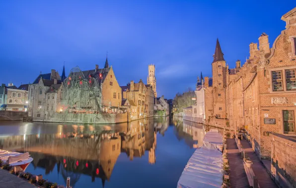 Night, lights, boat, home, channel, Belgium, Bruges