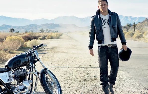 Road, mountains, jacket, motorcycle, male, Channing Tatum, Channing Tatum