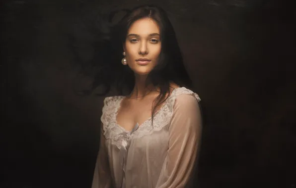 Picture look, girl, face, the dark background, portrait, earrings, negligee, brunette