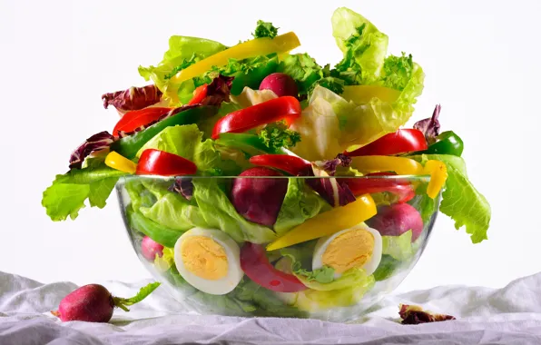 Food, eggs, white background, fabric, pepper, bowl, still life, vegetables