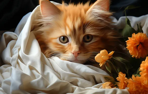 Cat, look, light, flowers, pose, the dark background, kitty, portrait