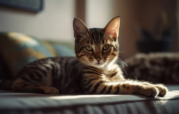 Cat, look, light, kitty, room, sofa, legs, lies