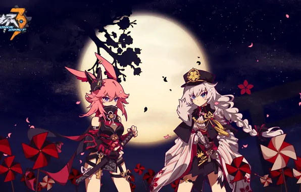 Night, the moon, girls, Sakura, Honkai Impact 3rd, Yae Sakura, Kalle Kasl As