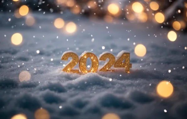 Winter, snow, Shine, figures, New year, gold, date, bokeh
