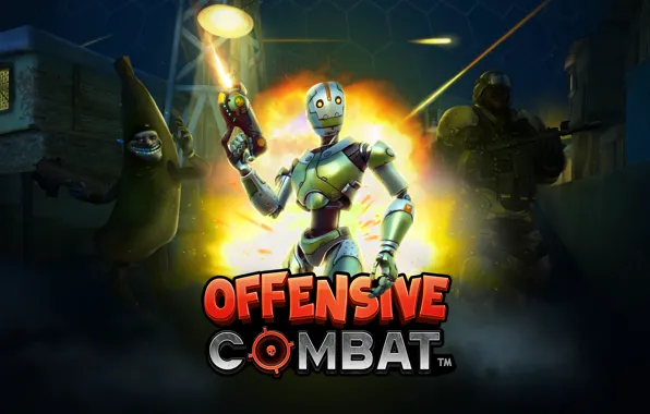 The explosion, night, robot, soldiers, Weapons, fire, escape, banana