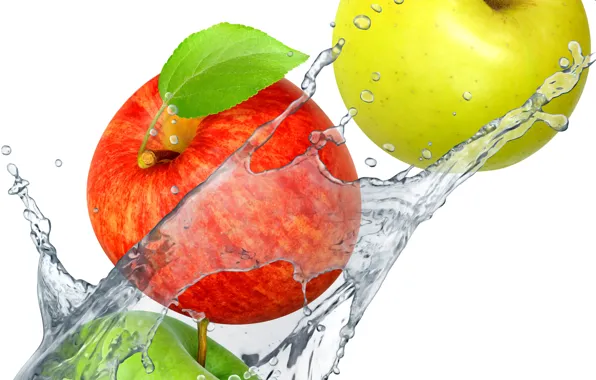 Water, squirt, apples, fruit, fresh, water, splash, drops