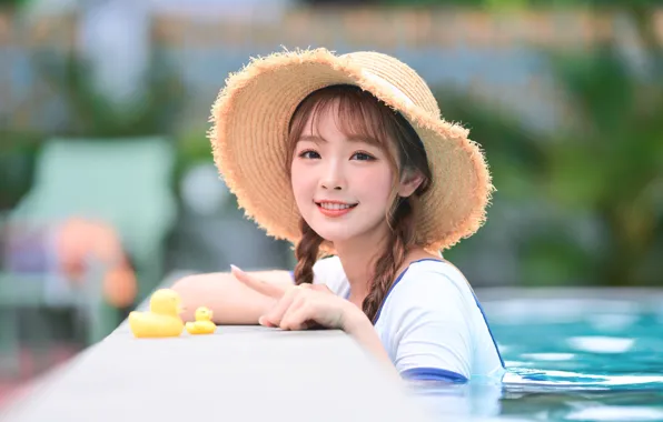 Asian, Model, Water, Smile, Woman, Pool, Hat, Outdoor